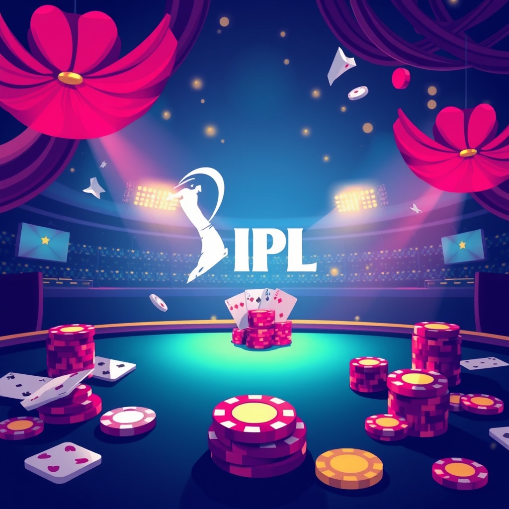 IPL Live casino floor glowing with cricket-season lights and playing cards